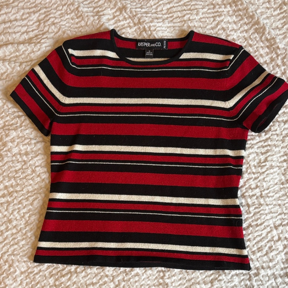 Kasper Red Black White Striped Short Sleeve Knit Top